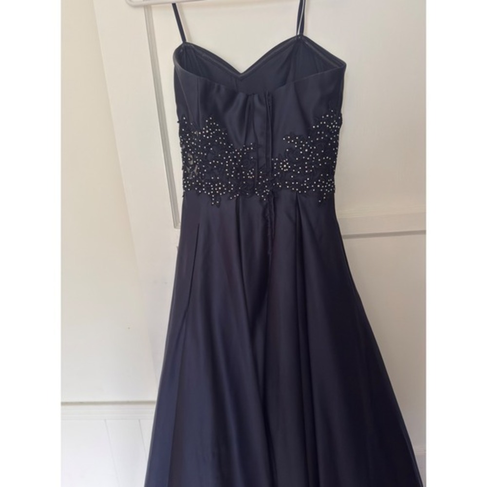 Blondie nite Navy Blue Satin Ball Gown Beaded Lace Waist Formal Evening Dress - Picture 5 of 11